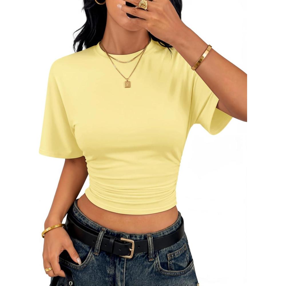 imageZESICA Womens Summer Short Sleeve Crop Tops 2026 Spring Ruched Fitted Y2k Tee Going Out T ShirtsYellow