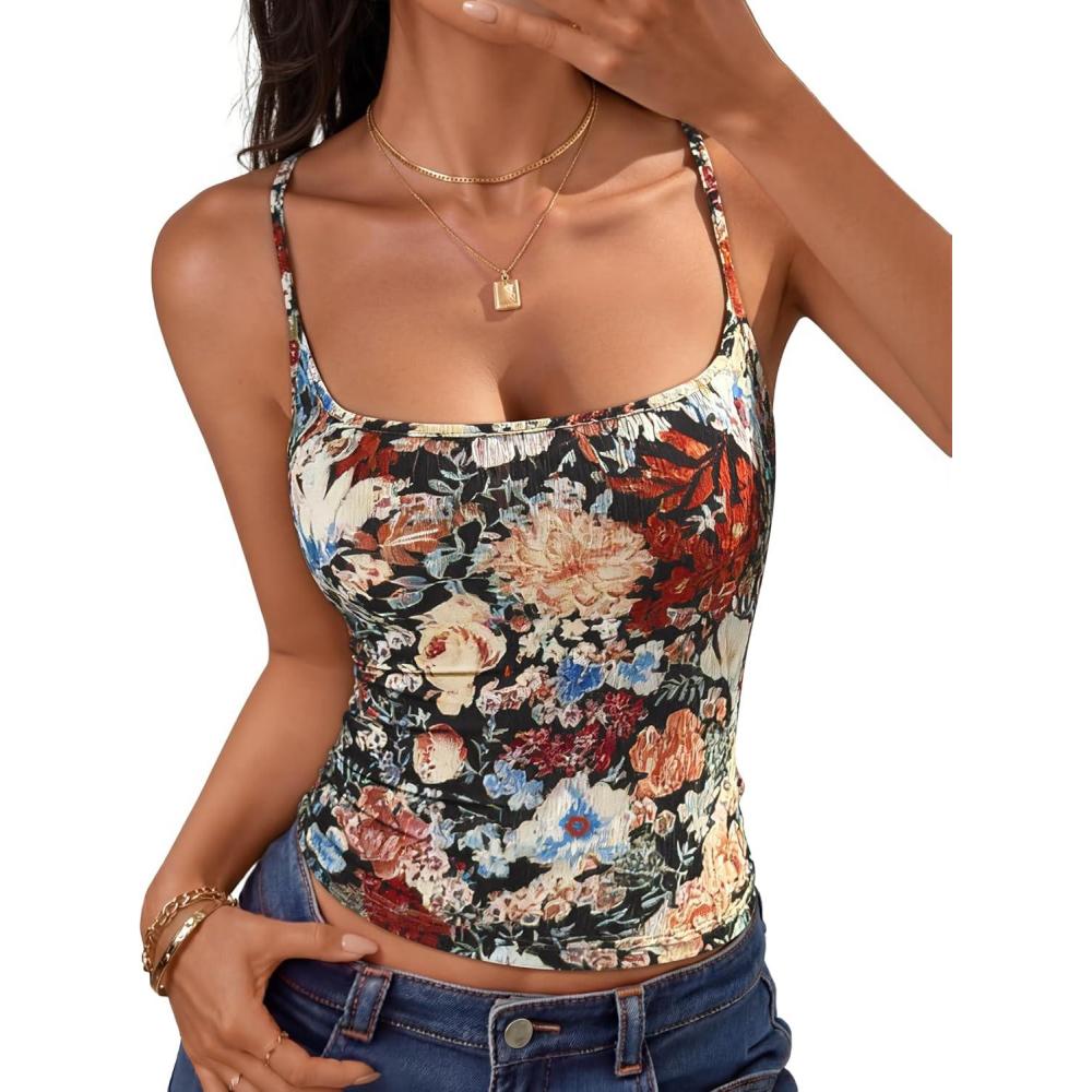 imageZESICA Womens Summer Sleeveless Camisole Tops 2026 Spaghetti Strap Knit Tank Top Square Neck Slim Fit Crop Trendy ShirtDim