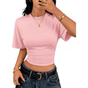 ZESICA Women’s Summer Short Sleeve Crop Tops 2026 Spring Ruched Fitted Y2k Tee Going Out T Shirts(Pink)
