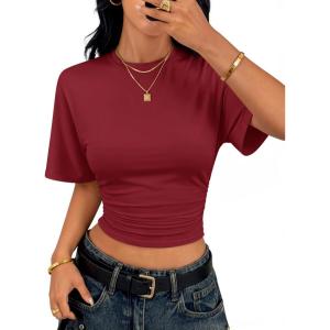 ZESICA Women’s Summer Short Sleeve Crop Tops 2026 Spring Ruched Fitted Y2k Tee Going Out T Shirts(Wine)