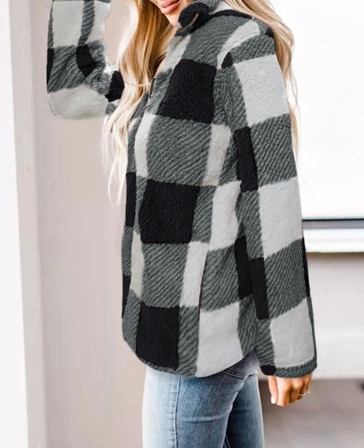 imageZESICA Womens Plaid Long Sleeve Zipper Sherpa Fleece Sweatshirt Pullover Jacket Coat with PocketsBlack
