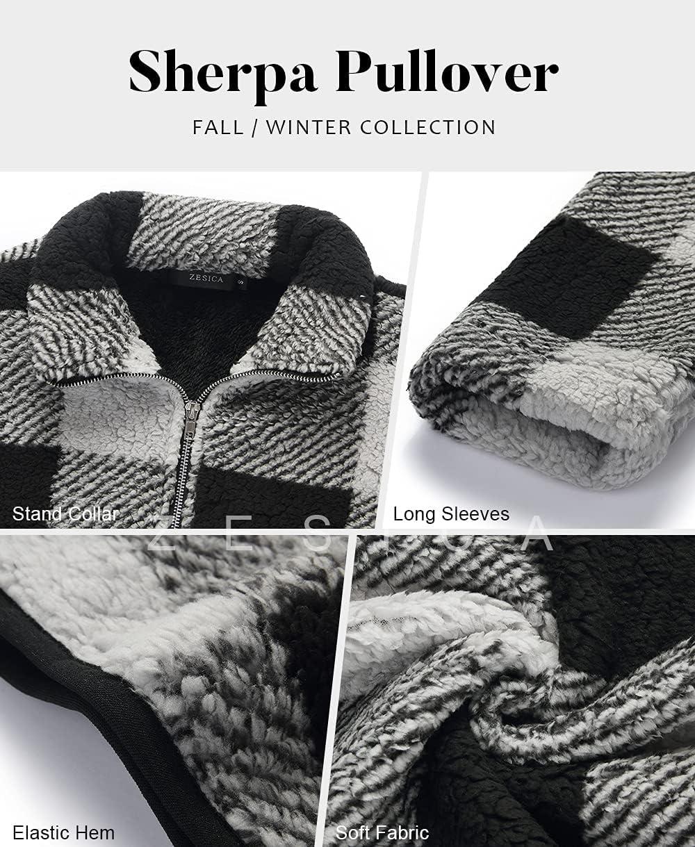 imageZESICA Womens Plaid Long Sleeve Zipper Sherpa Fleece Sweatshirt Pullover Jacket Coat with PocketsBlack