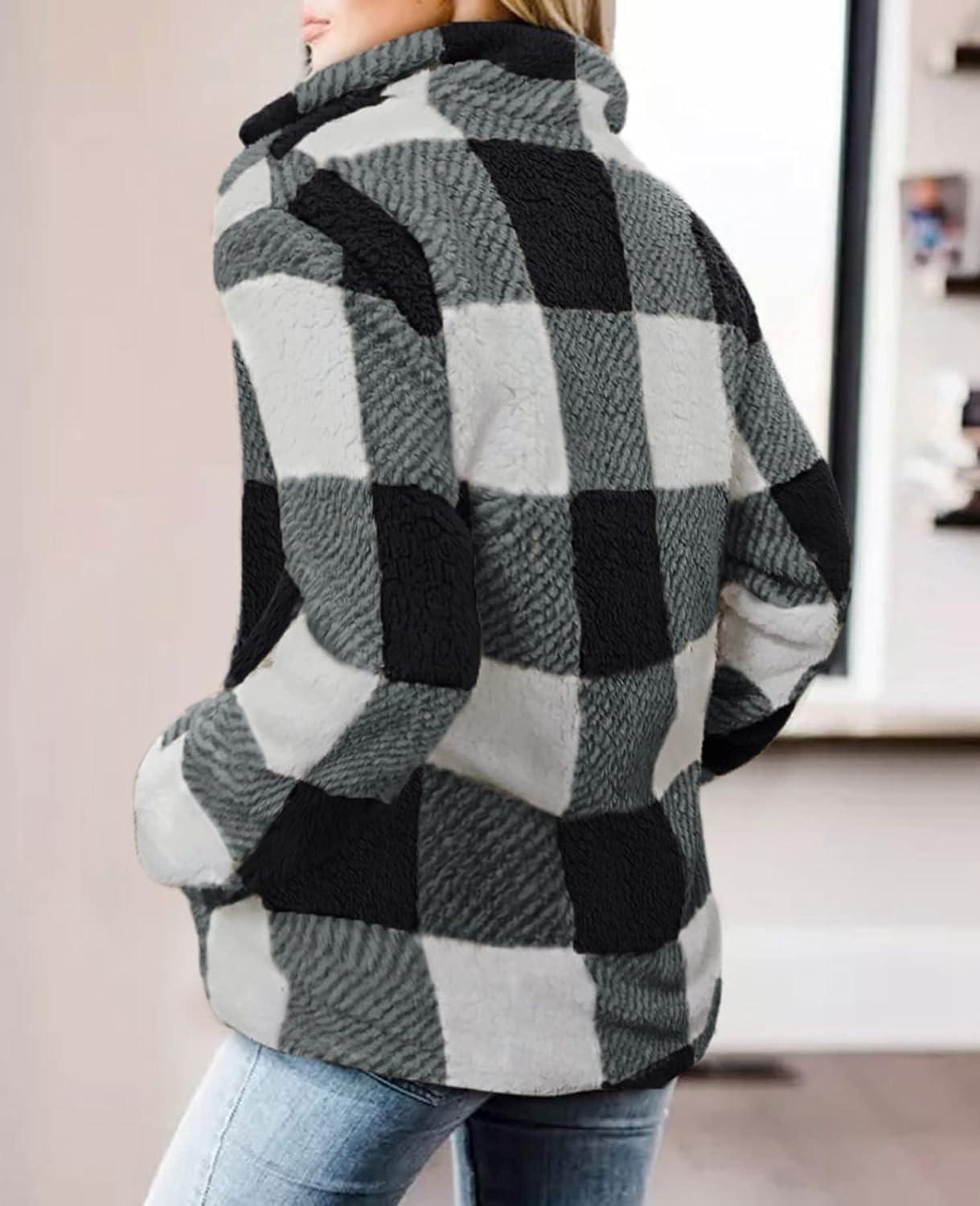 imageZESICA Womens Plaid Long Sleeve Zipper Sherpa Fleece Sweatshirt Pullover Jacket Coat with PocketsBlack