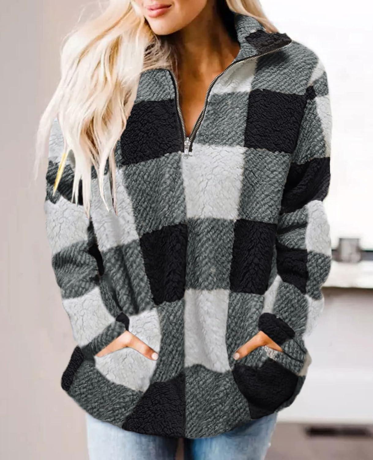 imageZESICA Womens Plaid Long Sleeve Zipper Sherpa Fleece Sweatshirt Pullover Jacket Coat with PocketsBlack