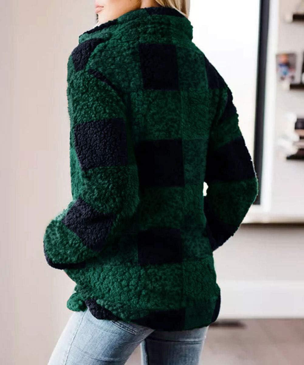 imageZESICA Womens Plaid Long Sleeve Zipper Sherpa Fleece Sweatshirt Pullover Jacket Coat with PocketsGreen