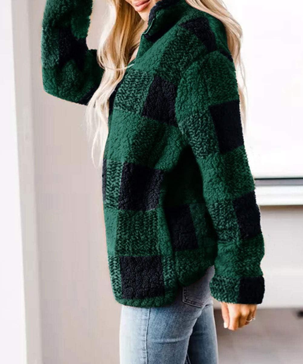 imageZESICA Womens Plaid Long Sleeve Zipper Sherpa Fleece Sweatshirt Pullover Jacket Coat with PocketsGreen