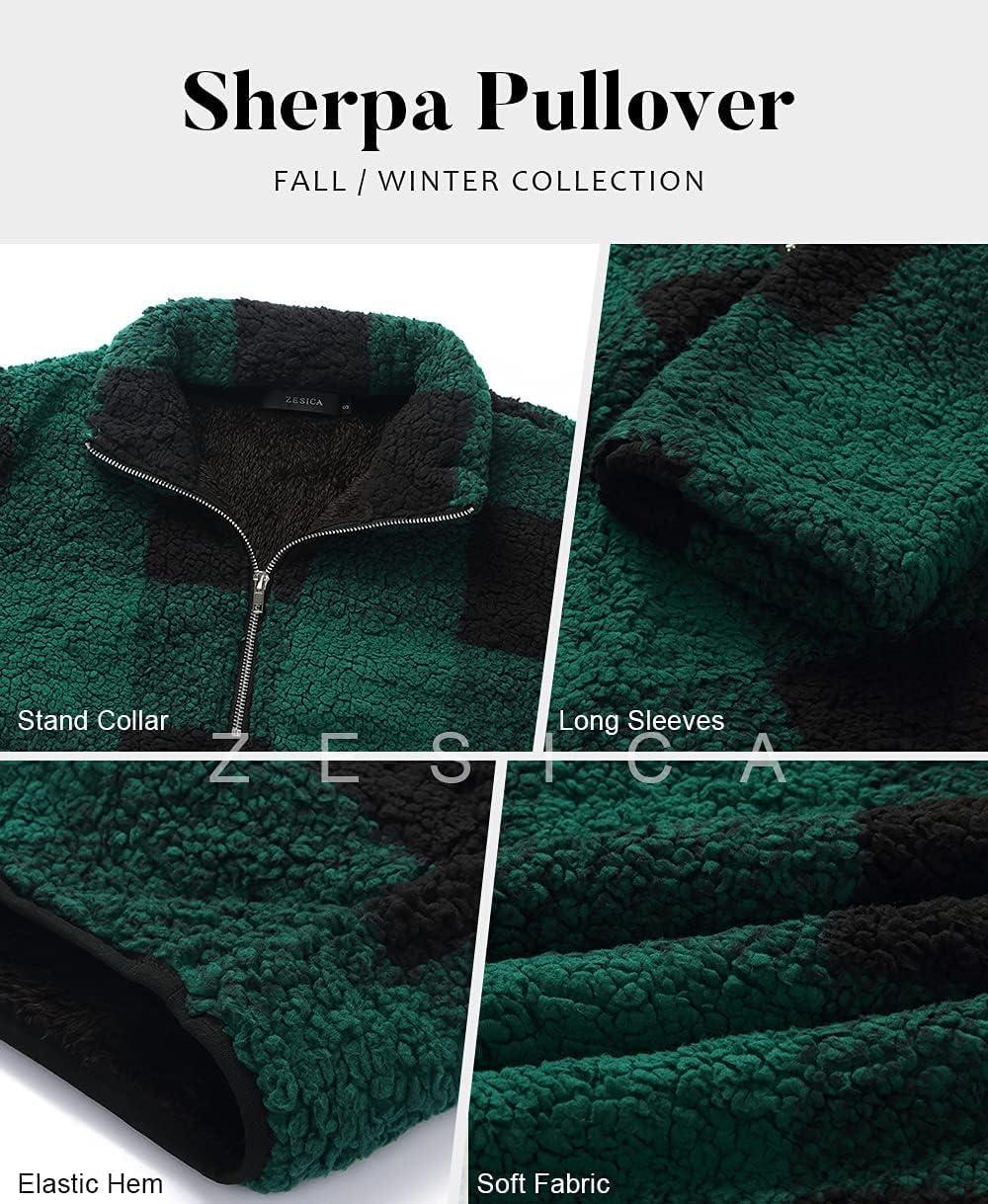 imageZESICA Womens Plaid Long Sleeve Zipper Sherpa Fleece Sweatshirt Pullover Jacket Coat with PocketsGreen