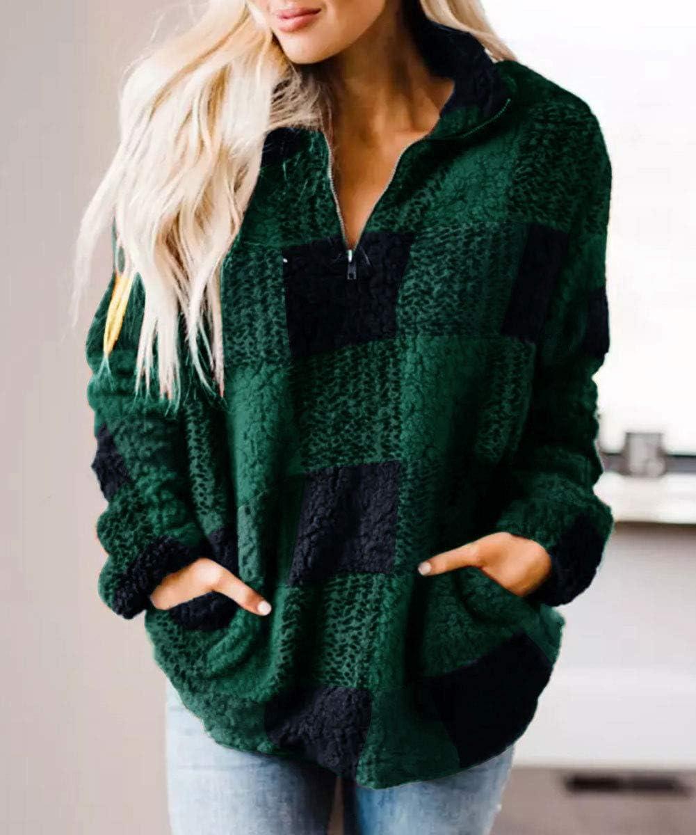imageZESICA Womens Plaid Long Sleeve Zipper Sherpa Fleece Sweatshirt Pullover Jacket Coat with PocketsGreen