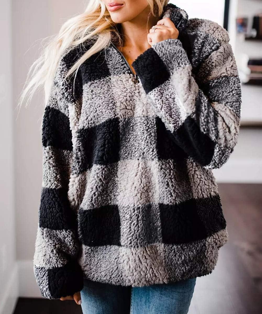 imageZESICA Womens Plaid Long Sleeve Zipper Sherpa Fleece Sweatshirt Pullover Jacket Coat with PocketsGrey