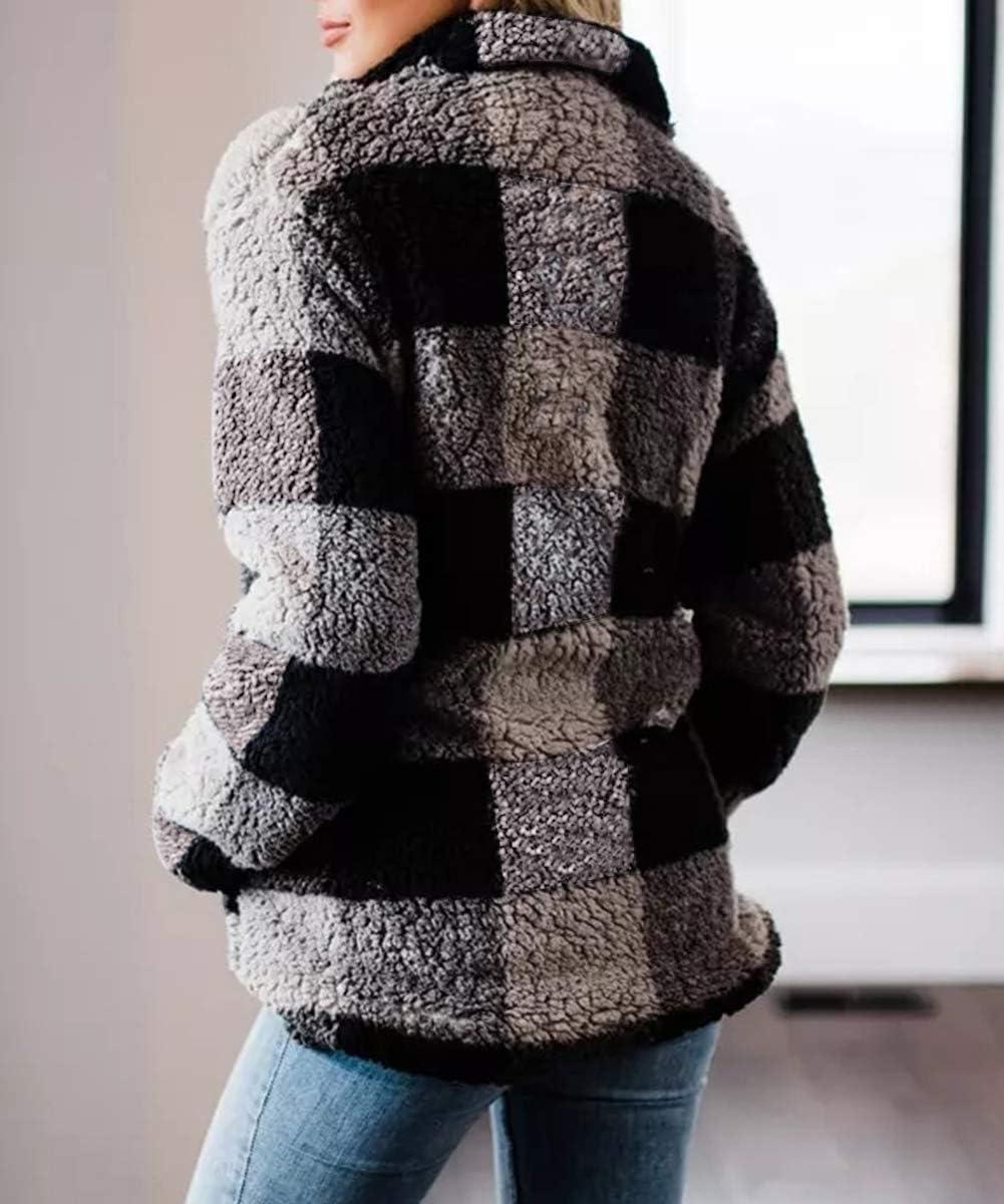 imageZESICA Womens Plaid Long Sleeve Zipper Sherpa Fleece Sweatshirt Pullover Jacket Coat with PocketsGrey