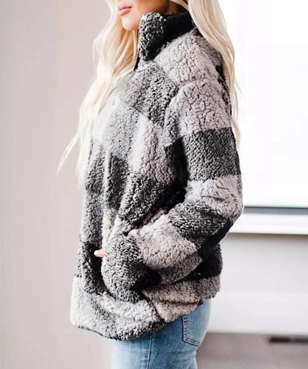 imageZESICA Womens Plaid Long Sleeve Zipper Sherpa Fleece Sweatshirt Pullover Jacket Coat with PocketsGrey