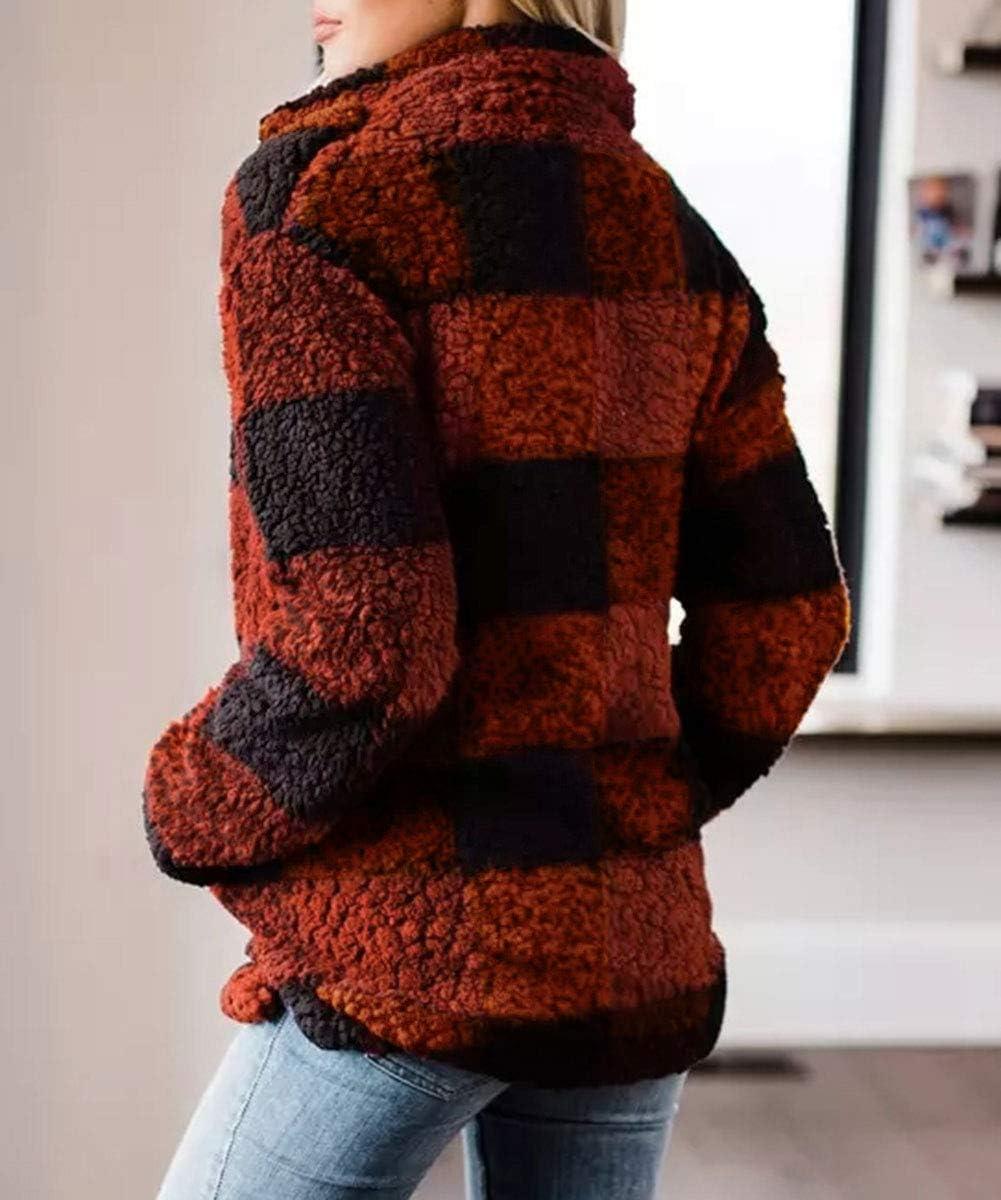 imageZESICA Womens Plaid Long Sleeve Zipper Sherpa Fleece Sweatshirt Pullover Jacket Coat with PocketsOrange Red