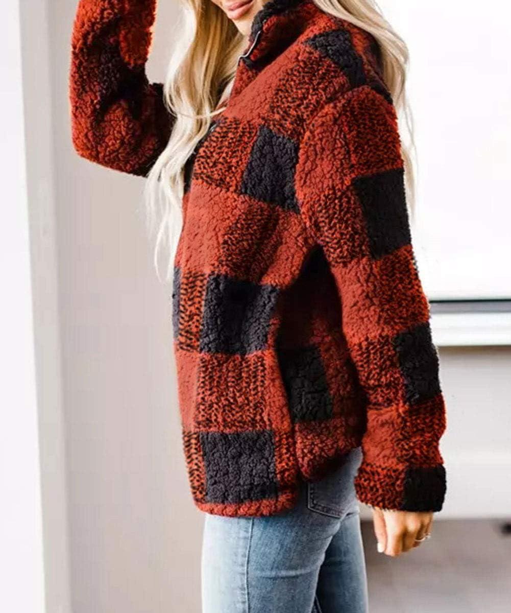 imageZESICA Womens Plaid Long Sleeve Zipper Sherpa Fleece Sweatshirt Pullover Jacket Coat with PocketsOrange Red