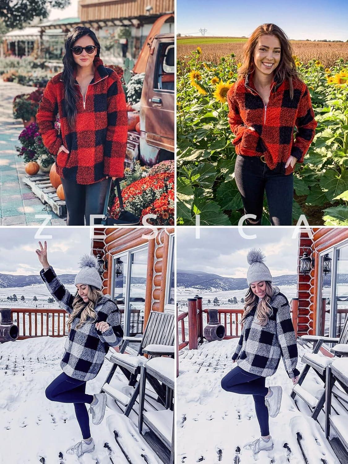 imageZESICA Womens Plaid Long Sleeve Zipper Sherpa Fleece Sweatshirt Pullover Jacket Coat with PocketsOrange Red