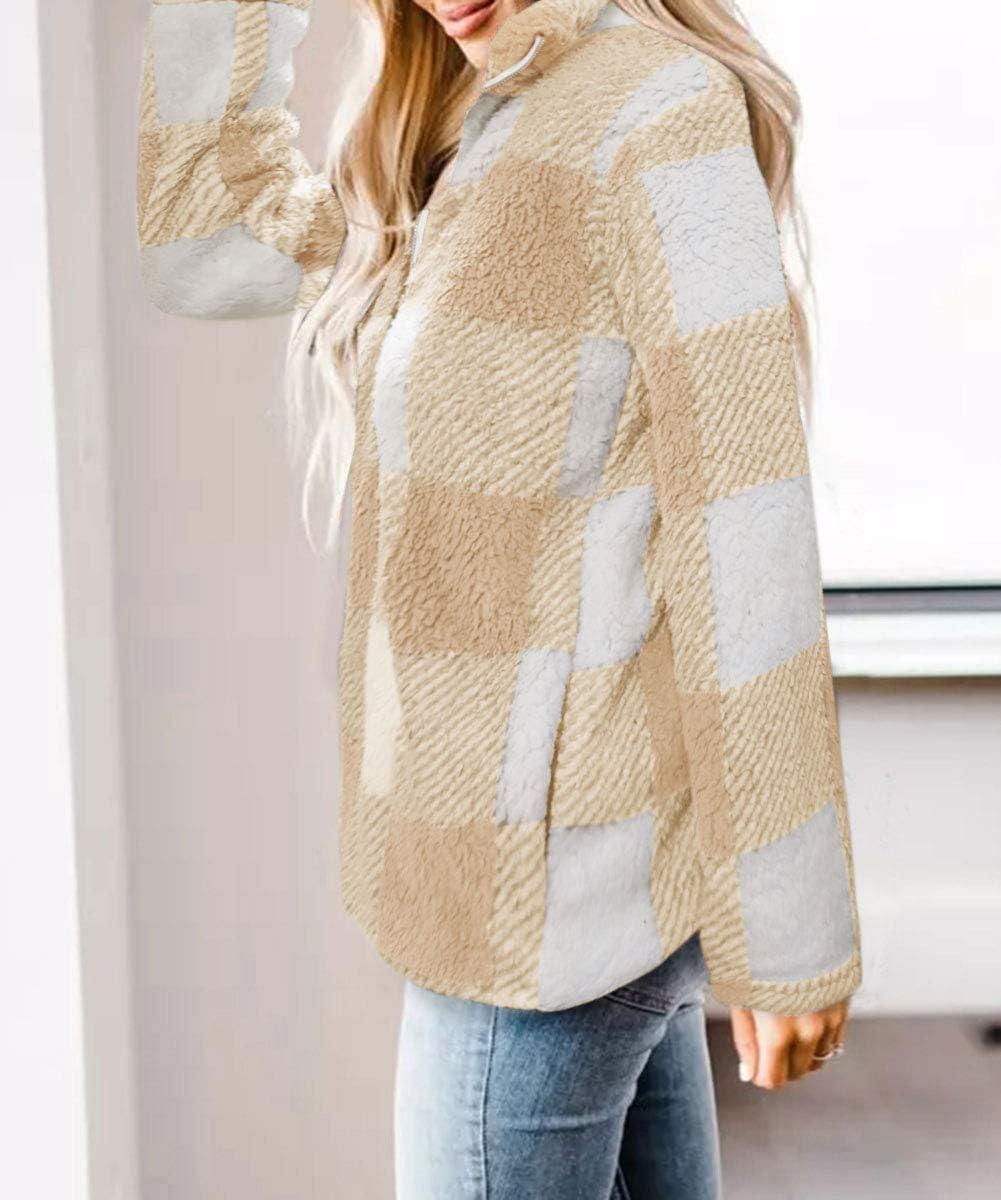imageZESICA Womens Plaid Long Sleeve Zipper Sherpa Fleece Sweatshirt Pullover Jacket Coat with PocketsYellow