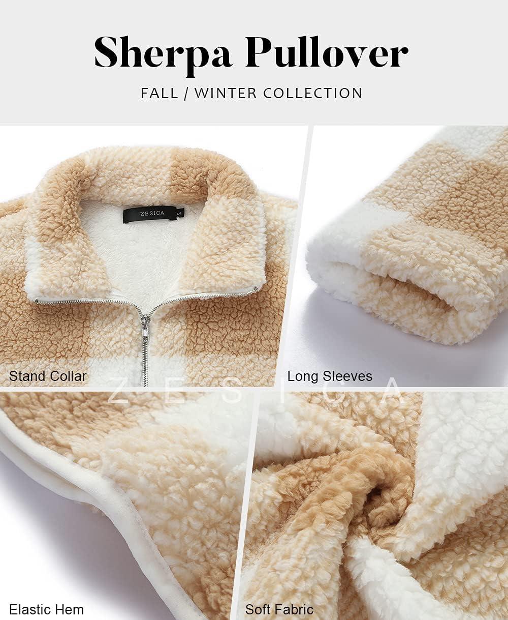 imageZESICA Womens Plaid Long Sleeve Zipper Sherpa Fleece Sweatshirt Pullover Jacket Coat with PocketsYellow