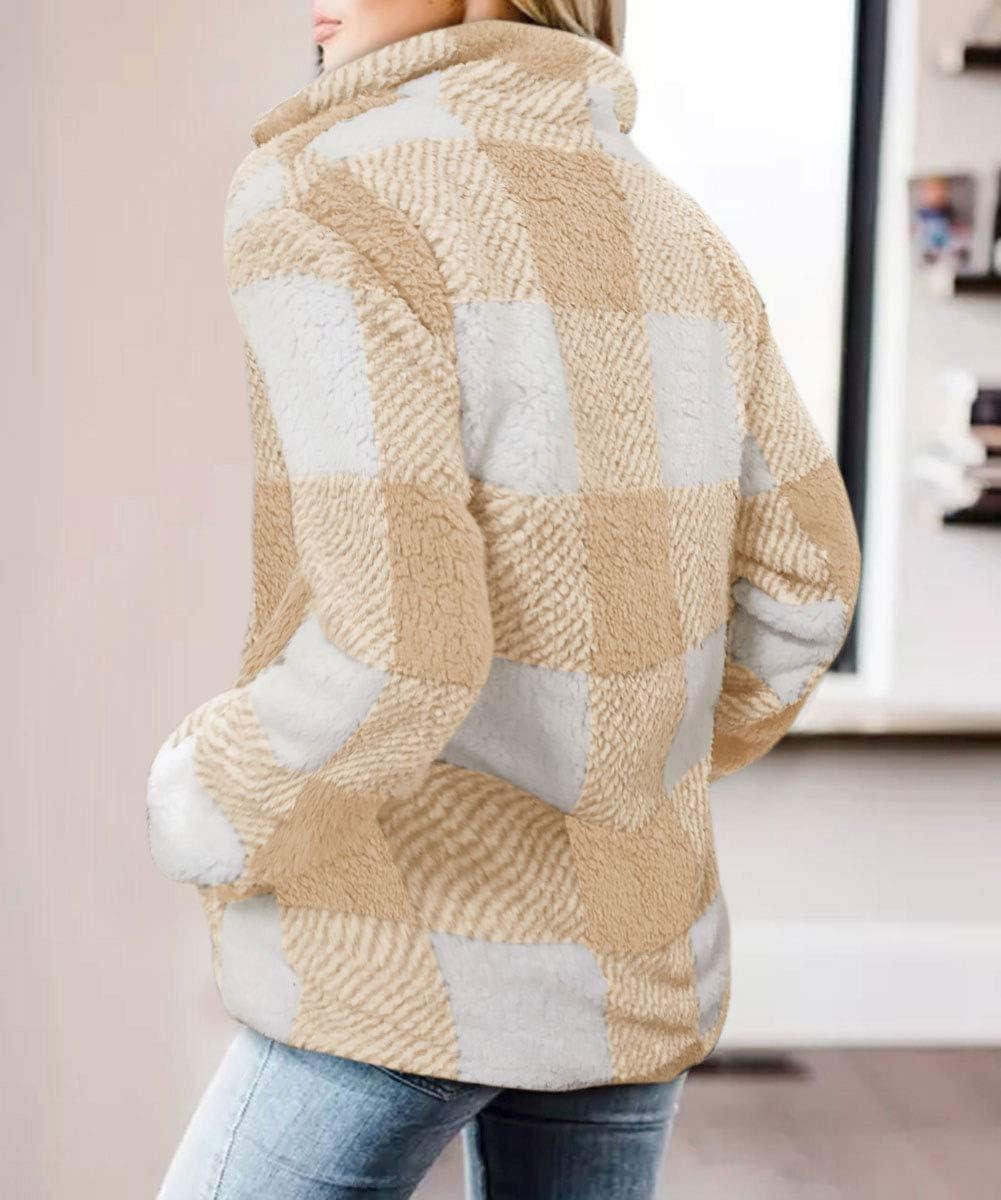 imageZESICA Womens Plaid Long Sleeve Zipper Sherpa Fleece Sweatshirt Pullover Jacket Coat with PocketsYellow