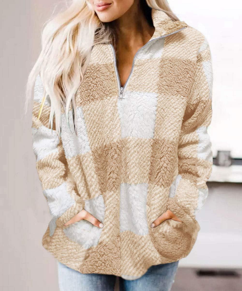 imageZESICA Womens Plaid Long Sleeve Zipper Sherpa Fleece Sweatshirt Pullover Jacket Coat with PocketsYellow