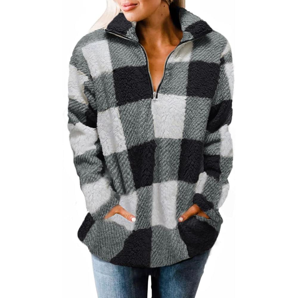 imageZESICA Womens Plaid Long Sleeve Zipper Sherpa Fleece Sweatshirt Pullover Jacket Coat with PocketsBlack