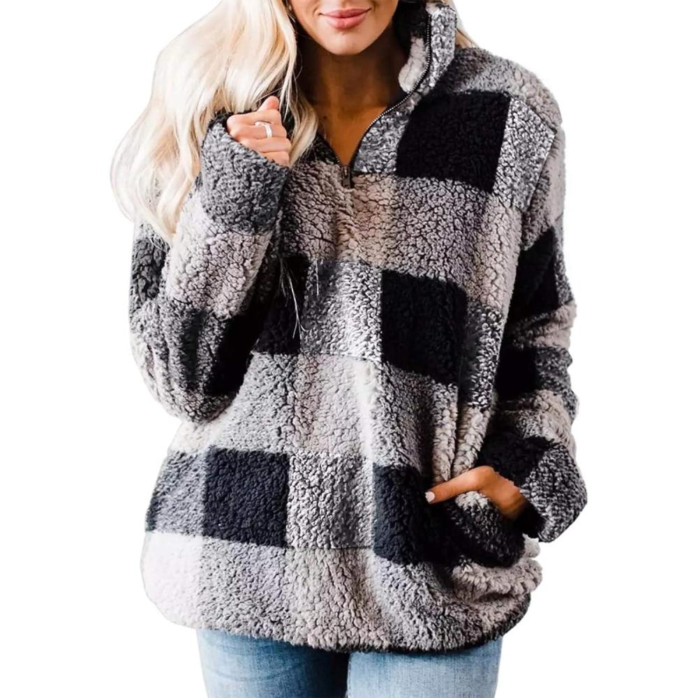 imageZESICA Womens Plaid Long Sleeve Zipper Sherpa Fleece Sweatshirt Pullover Jacket Coat with PocketsGrey