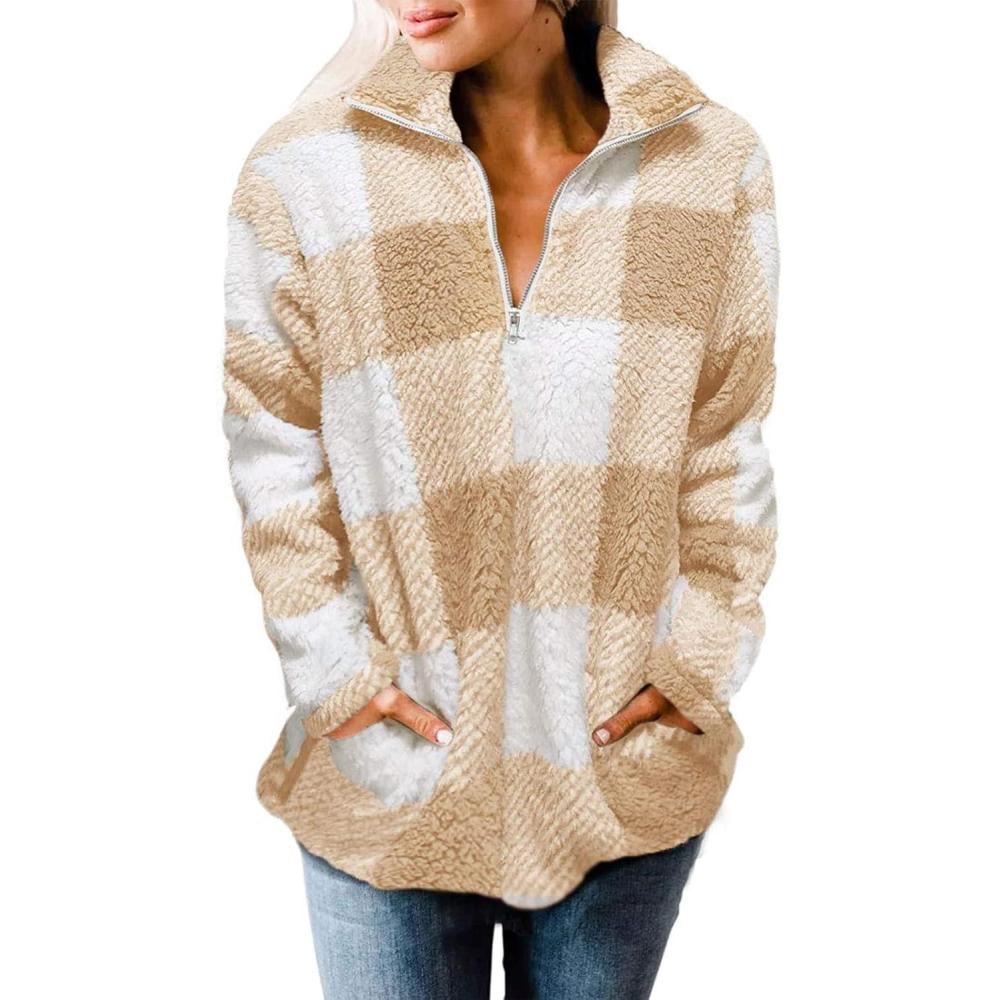 imageZESICA Womens Plaid Long Sleeve Zipper Sherpa Fleece Sweatshirt Pullover Jacket Coat with PocketsYellow