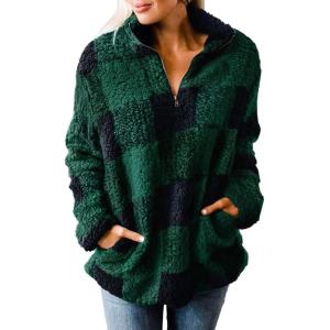 ZESICA Women’s Plaid Long Sleeve Zipper Sherpa Fleece Sweatshirt Pullover Jacket Coat with Pockets(Green)