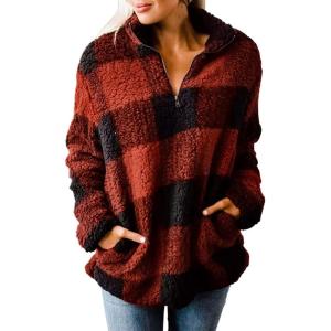 ZESICA Women’s Plaid Long Sleeve Zipper Sherpa Fleece Sweatshirt Pullover Jacket Coat with Pockets(Orange Red)