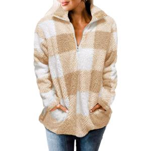ZESICA Women’s Plaid Long Sleeve Zipper Sherpa Fleece Sweatshirt Pullover Jacket Coat with Pockets(Yellow)