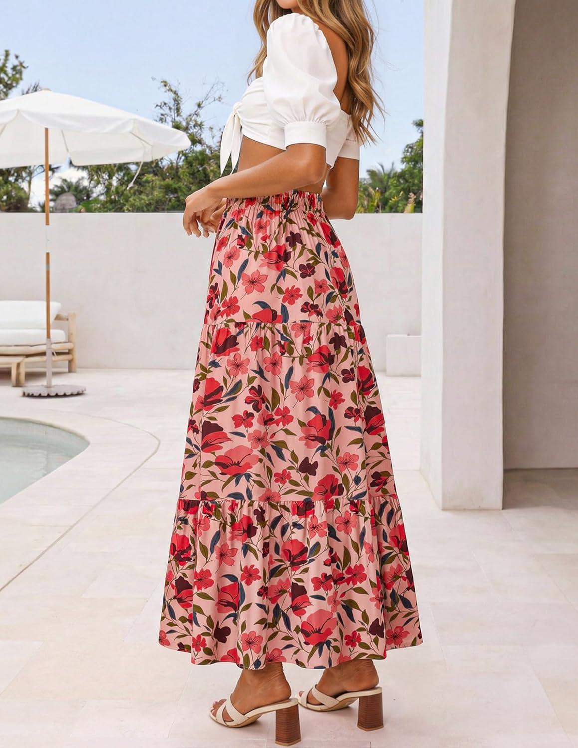 imageZESICA Womens 2026 Summer Bohemian Floral Printed Elastic Waist A Line Maxi Skirt with PocketsVintagepink