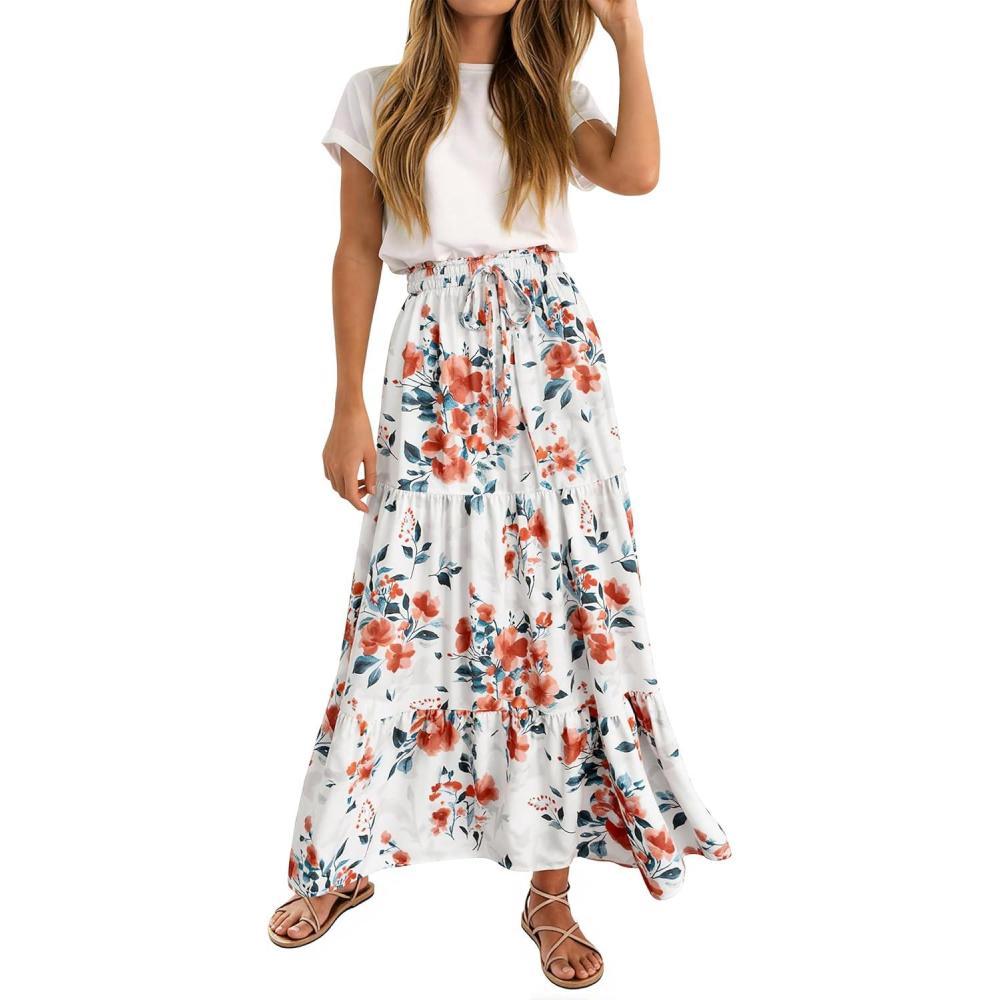 imageZESICA Womens 2026 Summer Bohemian Floral Printed Elastic Waist A Line Maxi Skirt with PocketsNewwhite