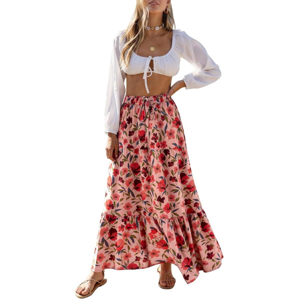 imageZESICA Womens 2026 Summer Bohemian Floral Printed Elastic Waist A Line Maxi Skirt with PocketsVintagepink