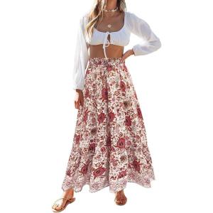 ZESICA Women’s 2026 Summer Bohemian Floral Printed Elastic Waist A Line Maxi Skirt with Pockets(White)