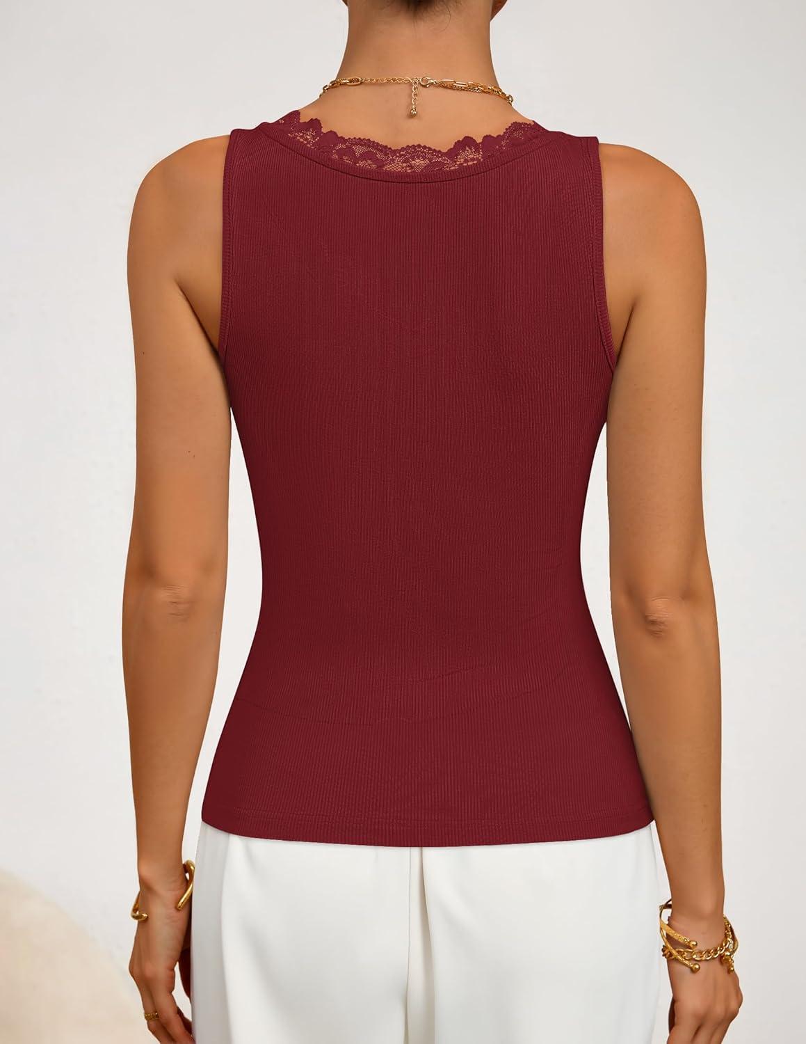 imageZESICA Womens 2026 Summer V Neck Tank Tops Spring Sleeveless Lace Trim Ribbed Knit Casual Going Out Cami ShirtsWine