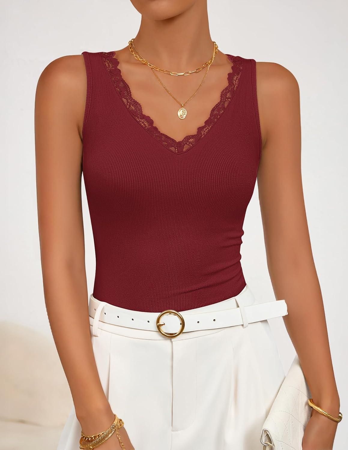 imageZESICA Womens 2026 Summer V Neck Tank Tops Spring Sleeveless Lace Trim Ribbed Knit Casual Going Out Cami ShirtsWine
