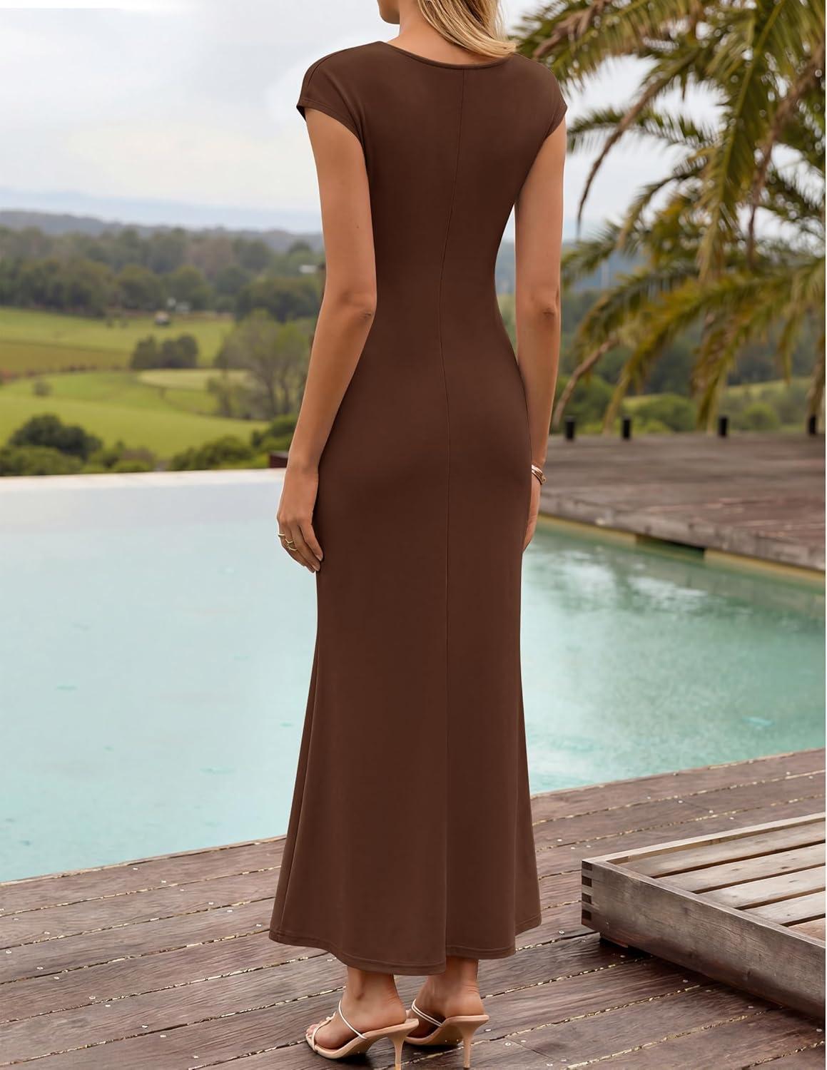 imageZESICA Womens Formal Cocktail Maxi Dress 2026 Summer Elegant Cap Sleeve Cowl Neck Wedding Guest Bodycon Long DressesCoffee