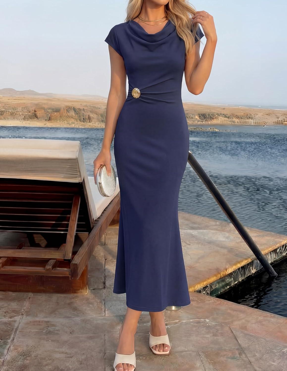 imageZESICA Womens Formal Cocktail Maxi Dress 2026 Summer Elegant Cap Sleeve Cowl Neck Wedding Guest Bodycon Long DressesNavy