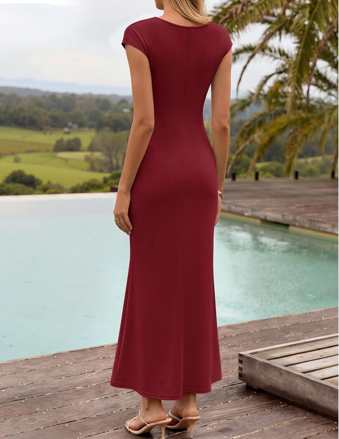 imageZESICA Womens Formal Cocktail Maxi Dress 2026 Summer Elegant Cap Sleeve Cowl Neck Wedding Guest Bodycon Long DressesWine