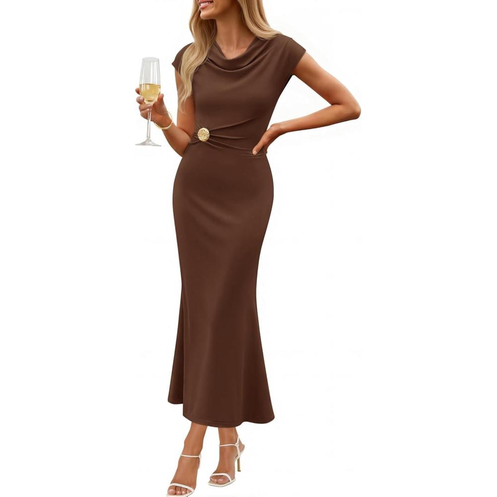 imageZESICA Womens Formal Cocktail Maxi Dress 2026 Summer Elegant Cap Sleeve Cowl Neck Wedding Guest Bodycon Long DressesCoffee