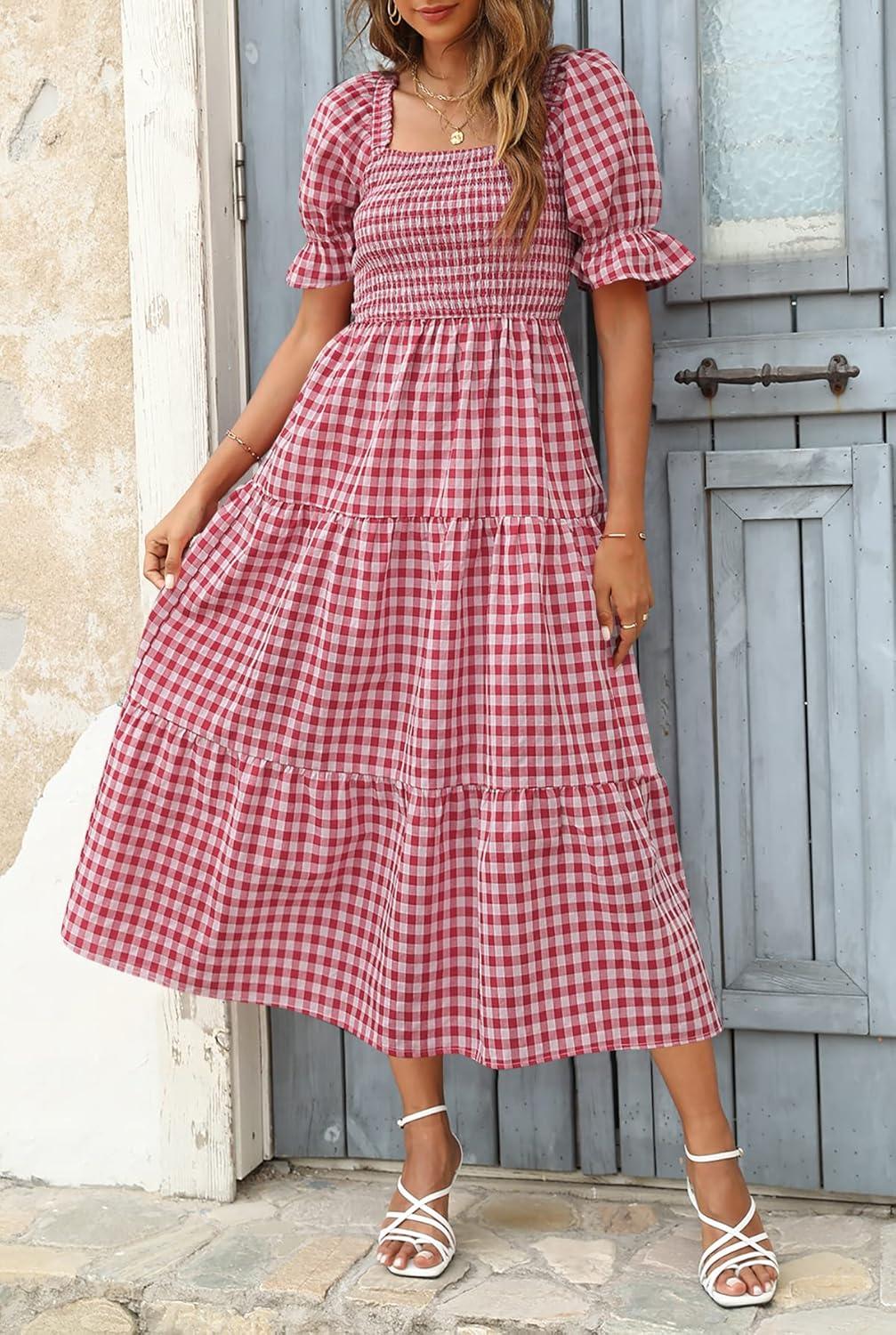 imageZESICA Womens 2026 Bohemian Summer Plaid Square Neck Puff Sleeve Ruffle Flowy Beach Midi DressRed