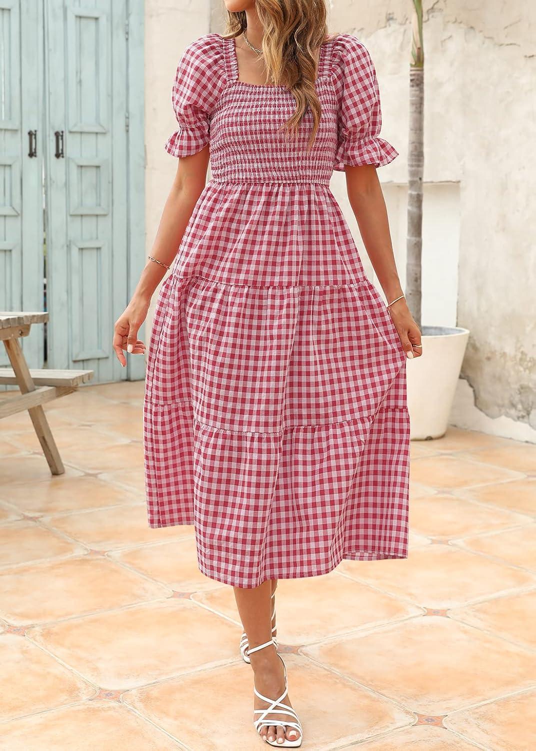 imageZESICA Womens 2026 Bohemian Summer Plaid Square Neck Puff Sleeve Ruffle Flowy Beach Midi DressRed