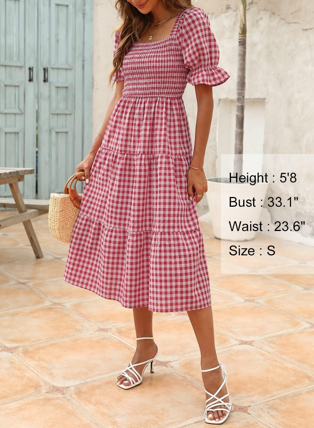 imageZESICA Womens 2026 Bohemian Summer Plaid Square Neck Puff Sleeve Ruffle Flowy Beach Midi DressRed