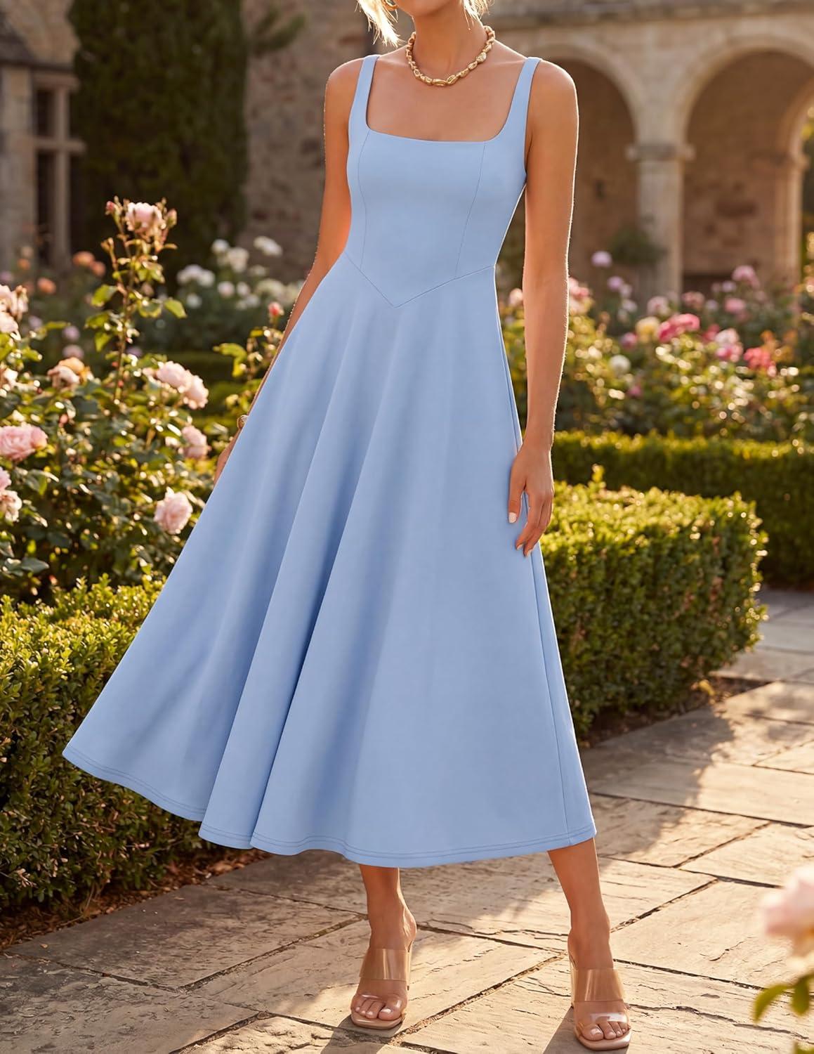 imageZESICA Womens 2026 Summer Sleeveless Midi Dress Square Neck Flowy A Line Casual Beach Vacation Long Dresses with PocketsBlue