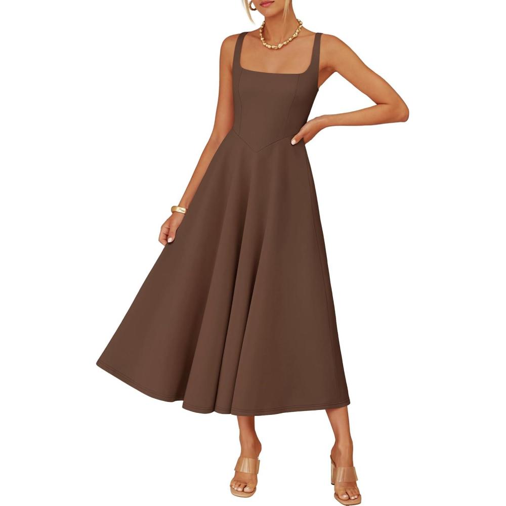 imageZESICA Womens 2026 Summer Sleeveless Midi Dress Square Neck Flowy A Line Casual Beach Vacation Long Dresses with PocketsBrown