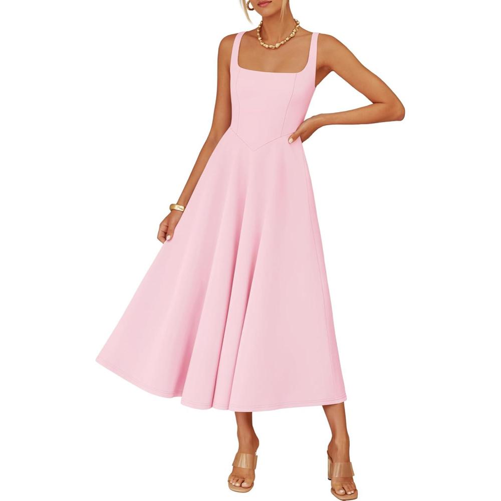 imageZESICA Womens 2026 Summer Sleeveless Midi Dress Square Neck Flowy A Line Casual Beach Vacation Long Dresses with PocketsPink