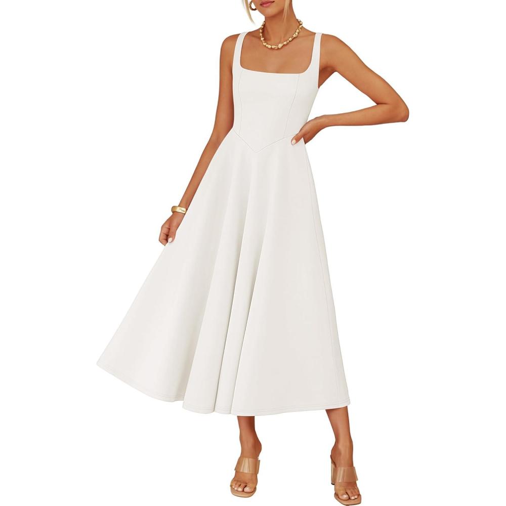 imageZESICA Womens 2026 Summer Sleeveless Midi Dress Square Neck Flowy A Line Casual Beach Vacation Long Dresses with PocketsWhite