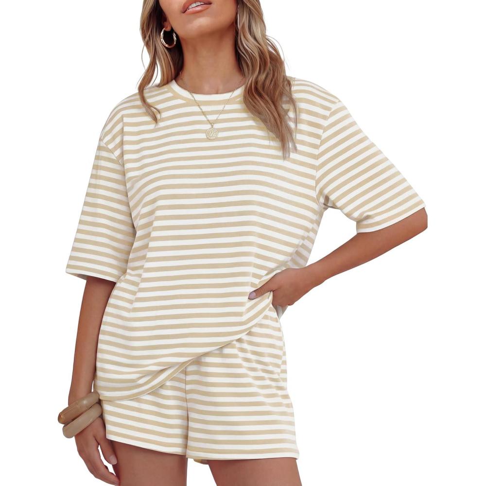 imageZESICA Womens Summer 2 Piece Short Sets Striped Oversized Matching Lounge Airport Travel Workout Beach Vacation OutfitsApricot