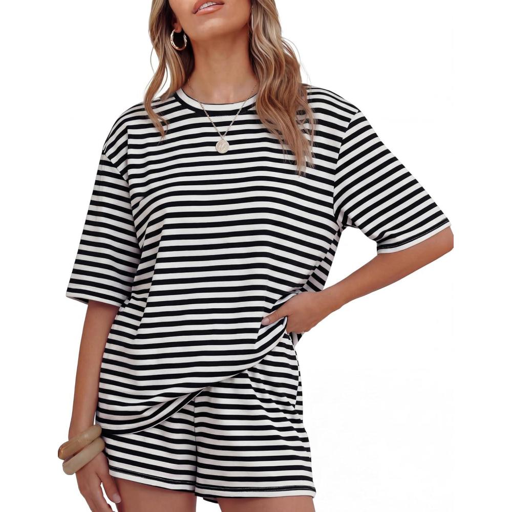imageZESICA Womens Summer 2 Piece Short Sets Striped Oversized Matching Lounge Airport Travel Workout Beach Vacation OutfitsBlack