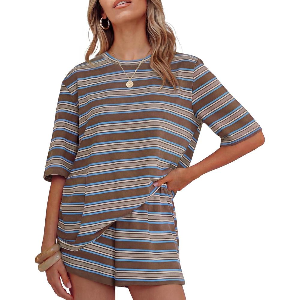 imageZESICA Womens Summer 2 Piece Short Sets Striped Oversized Matching Lounge Airport Travel Workout Beach Vacation OutfitsBlue