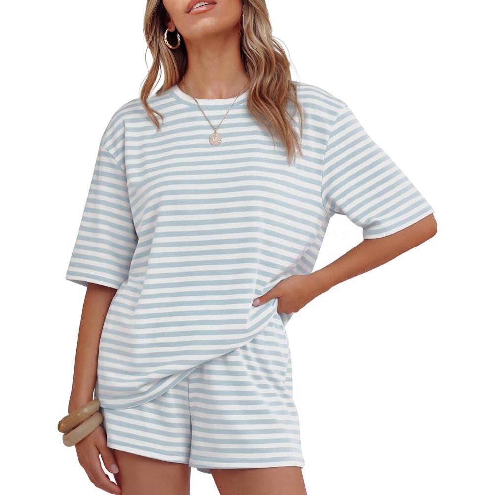imageZESICA Womens Summer 2 Piece Short Sets Striped Oversized Matching Lounge Airport Travel Workout Beach Vacation OutfitsLight Blue