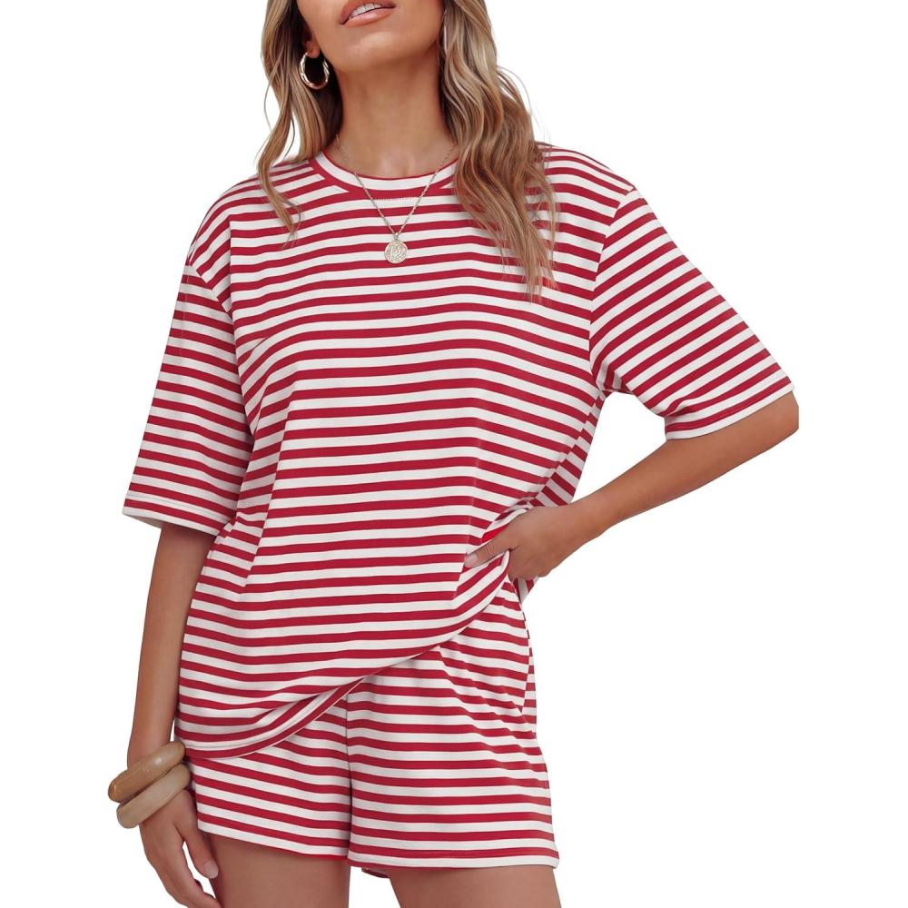 imageZESICA Womens Summer 2 Piece Short Sets Striped Oversized Matching Lounge Airport Travel Workout Beach Vacation OutfitsRed